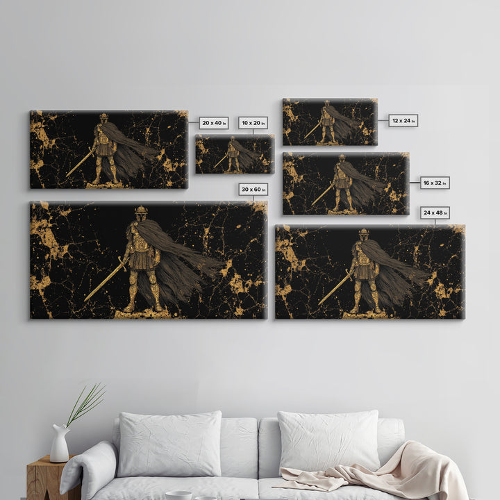 Flavius Gold Canvas Print, Roman Warrior Wall Art, Ancient Soldier Decor, Real Wood Frame, Luxury Canvas Artwork For Office
