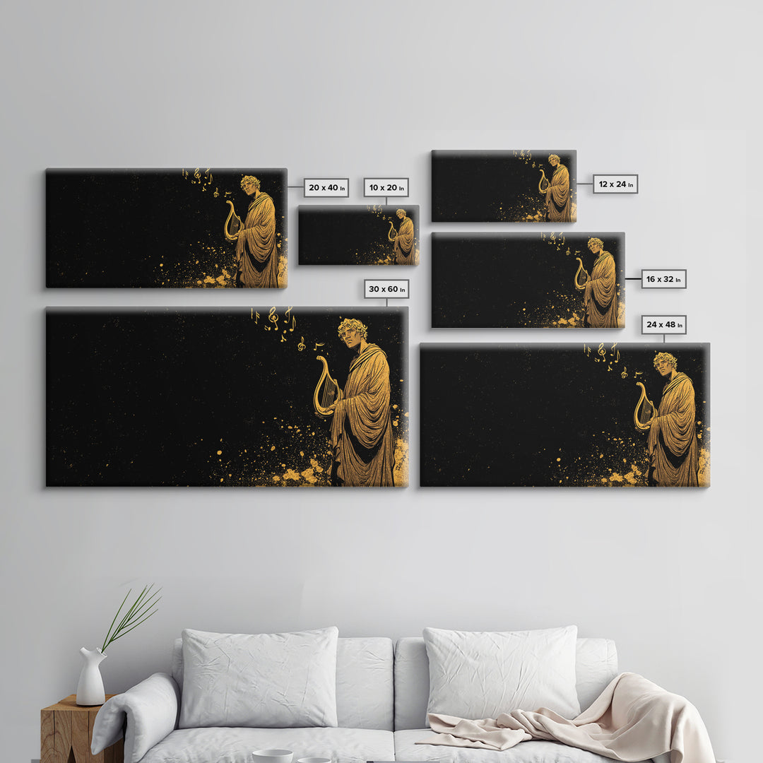 Orpheus Gold Canvas Print, Greek God Wall Art, Luxury Mythology Decor, Real Wood Frame Artwork, Elegant Lyre Musician Artwork