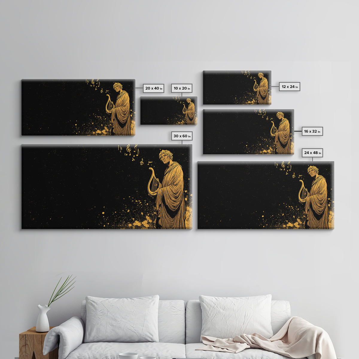 Orpheus Gold Canvas Print, Greek God Wall Art, Luxury Mythology Decor, Real Wood Frame Artwork, Elegant Lyre Musician Artwork