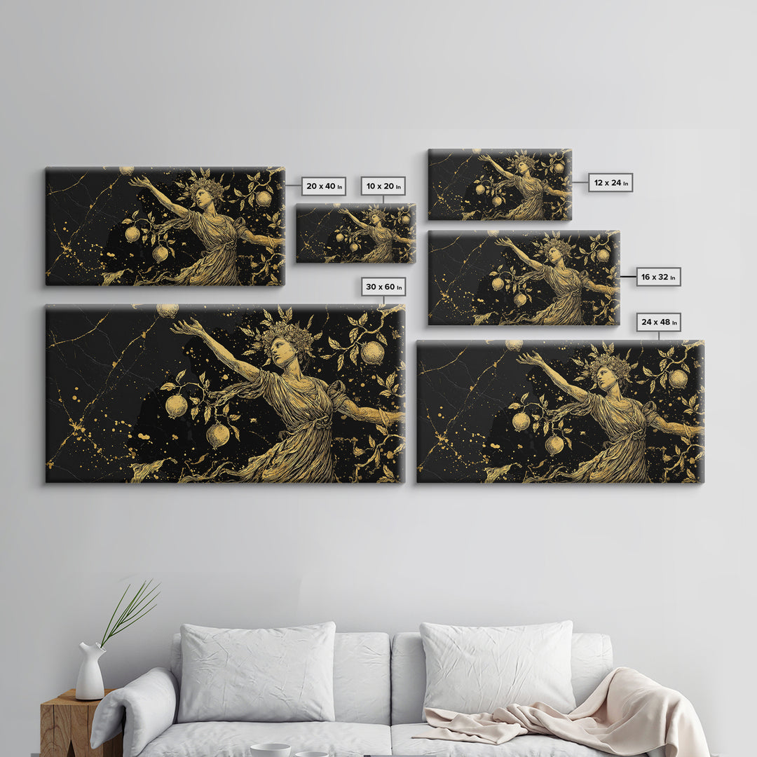 Persephone Gold Canvas Print, Greek Goddess Wall Art, Luxury Mythology Decor, Real Wood Frame Artwork, Elegant Harvest Goddess
