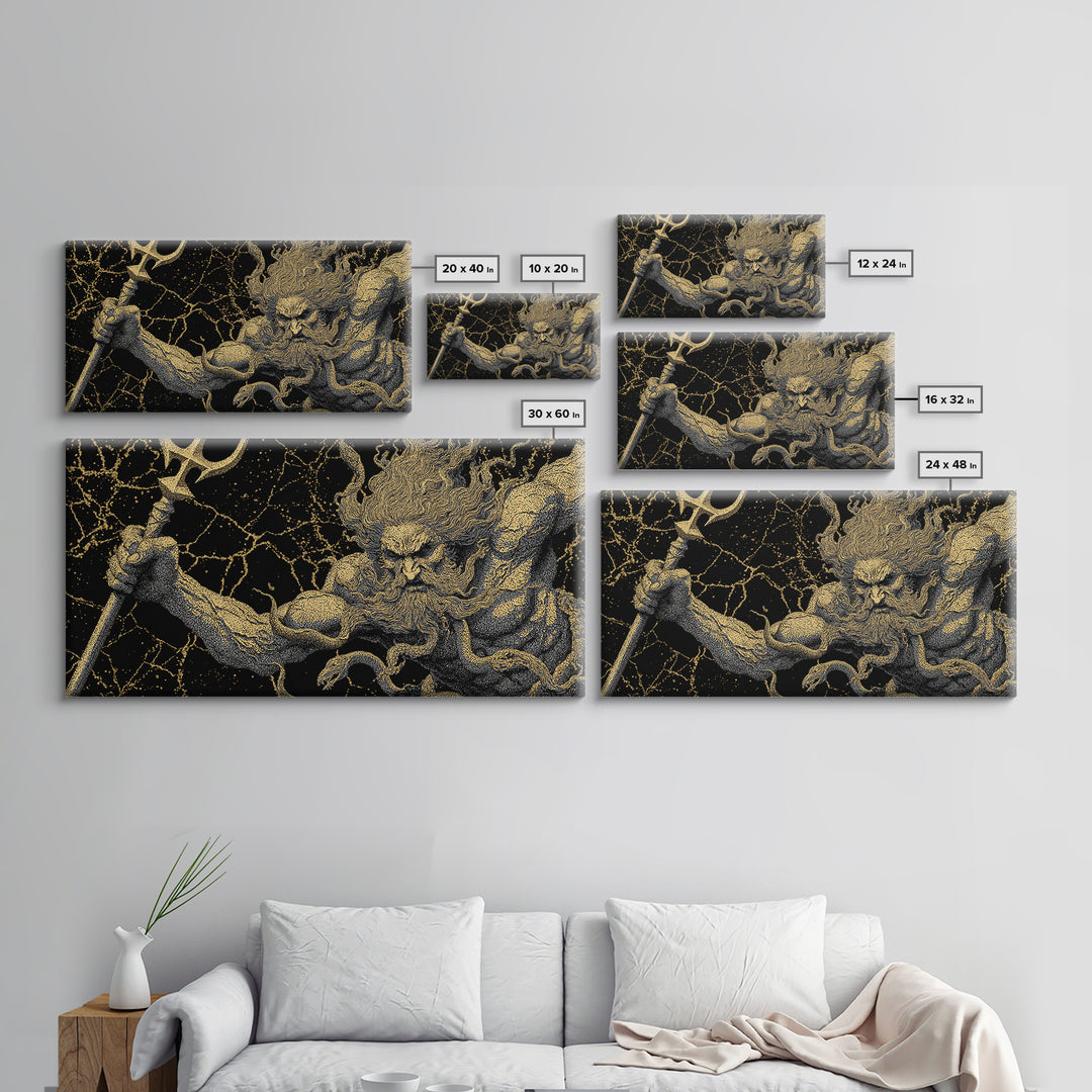 Poseidon Greek God Of The Sea Gold Canvas Print, Mythology Wall Art, Real Wood Frame, Ocean Decor, Nautical Gift