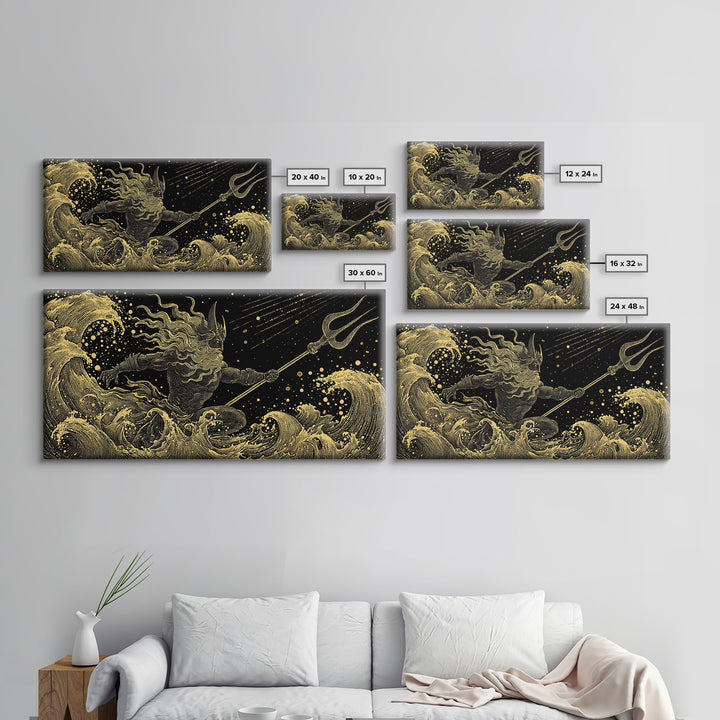 Poseidon Sea Serpent Battle Gold Canvas Print, Greek Mythology Wall Art, Real Wood Frame, Ocean Lover Gift