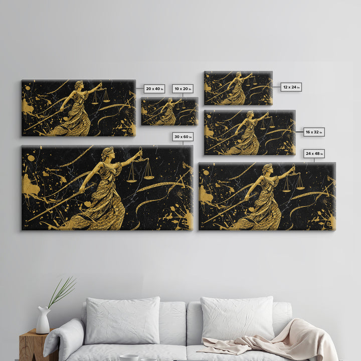 Themis Gold Canvas Print, Real Wood Framed Greek Justice Wall Art, Scales Of Justice Mythology Inspired Canvas Artwork