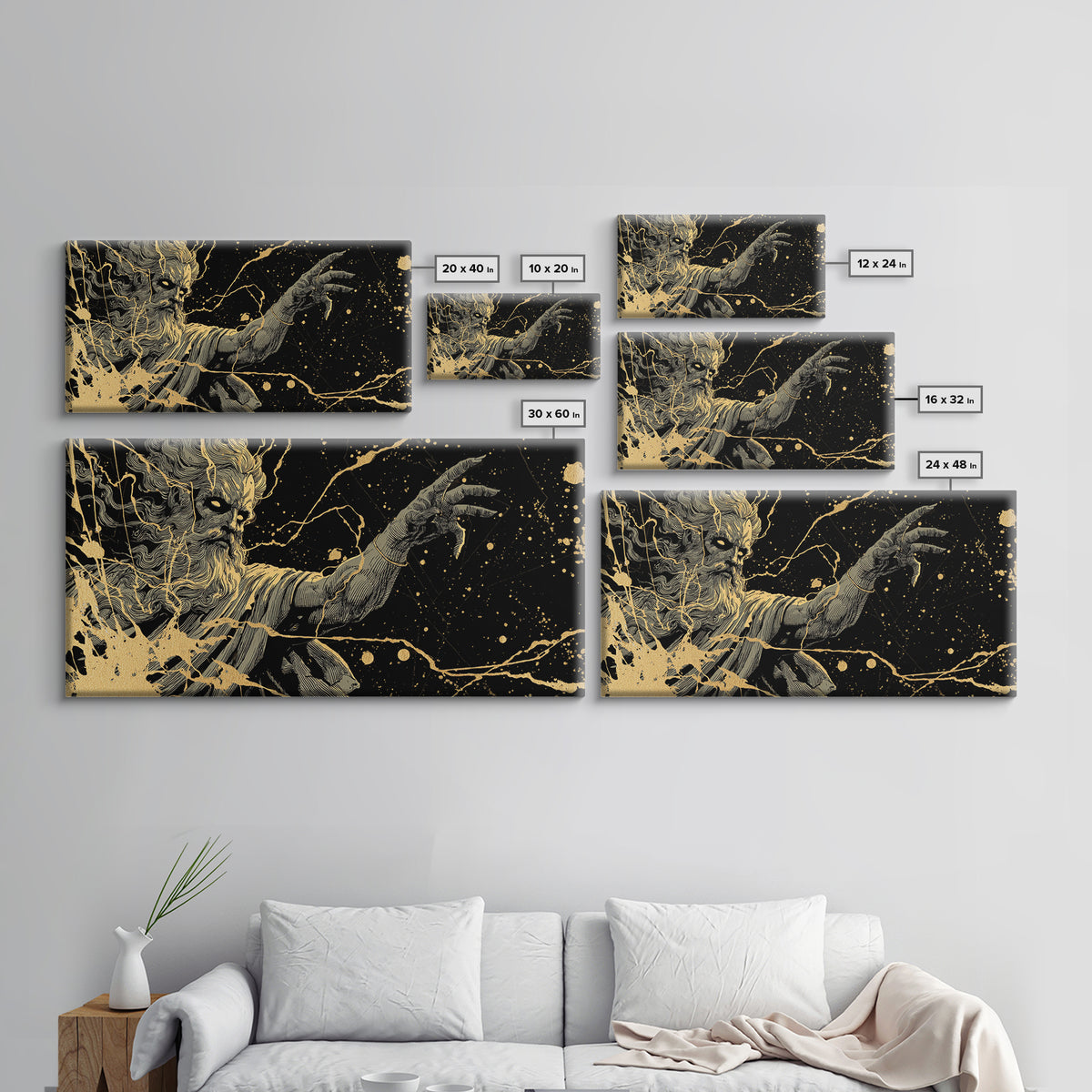 Zeus Gold Canvas Print, Real Wood Framed Greek Myth Wall Art, Lightning And Storm Luxury Decorative Canvas Artwork