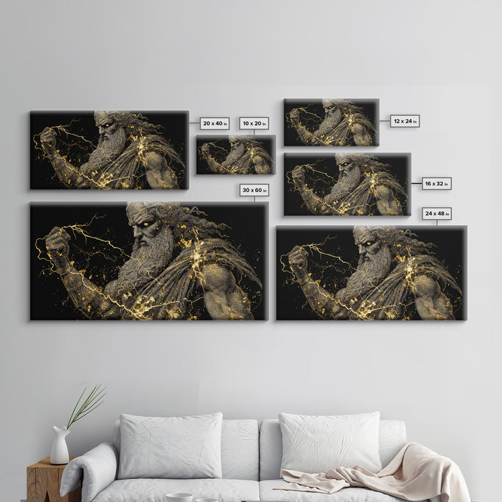 Zeus Gold Canvas Print, Real Wood Framed Greek Mythology Wall Art, Crowned Figure With Flowing Hair Decorative Artwork