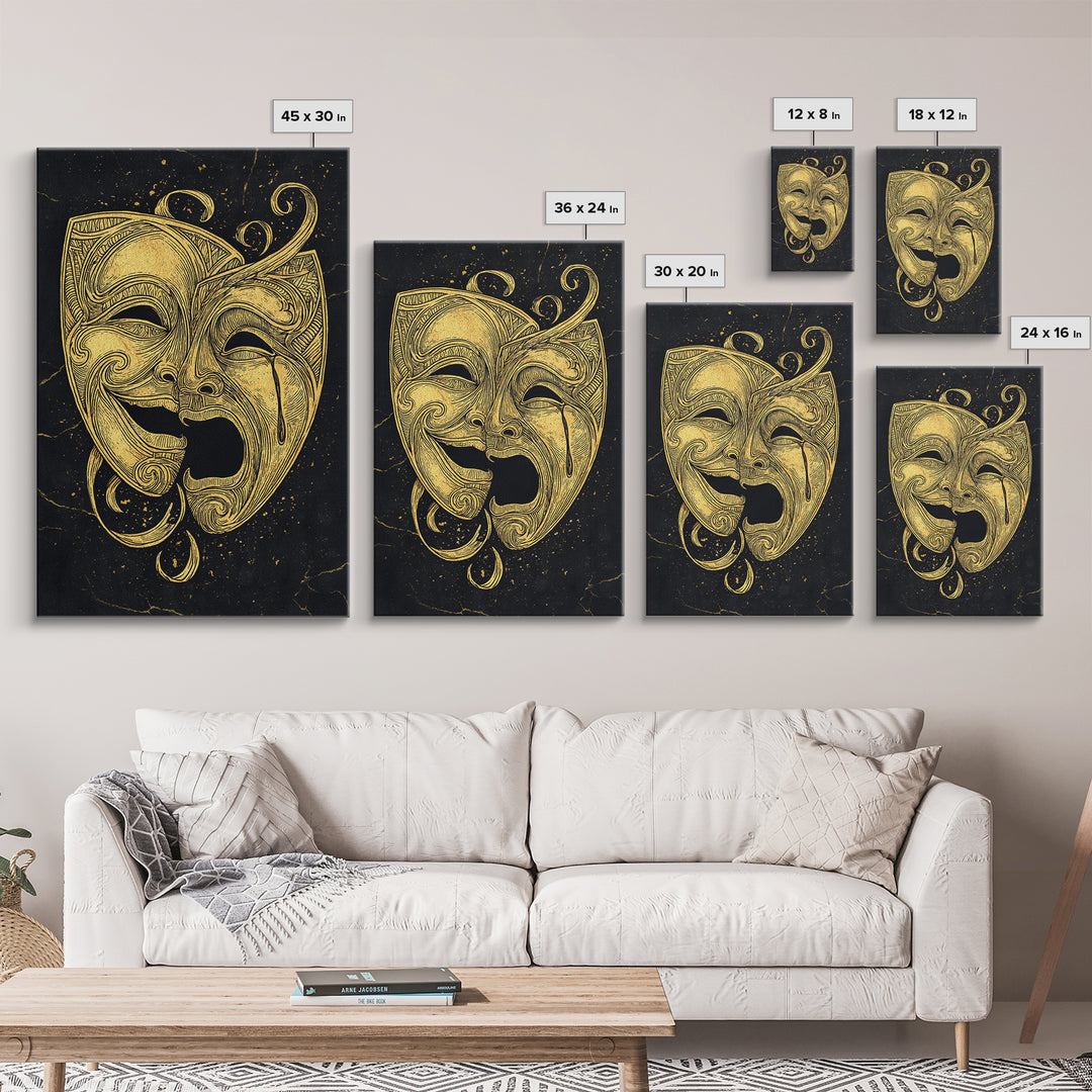 Comedy and Tragedy Theater Masks Canvas Gold Canvas Print – Dramatic Wall Art with Real Wood Frame for Home or Studio
