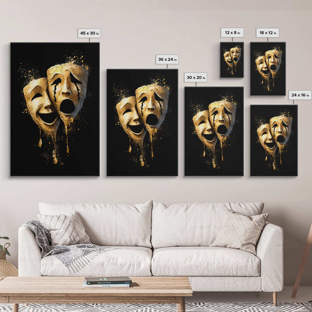 Melting Comedy and Tragedy Masks Canvas Gold Canvas Print – Emotional Theater Wall Art with Real Wood Frame