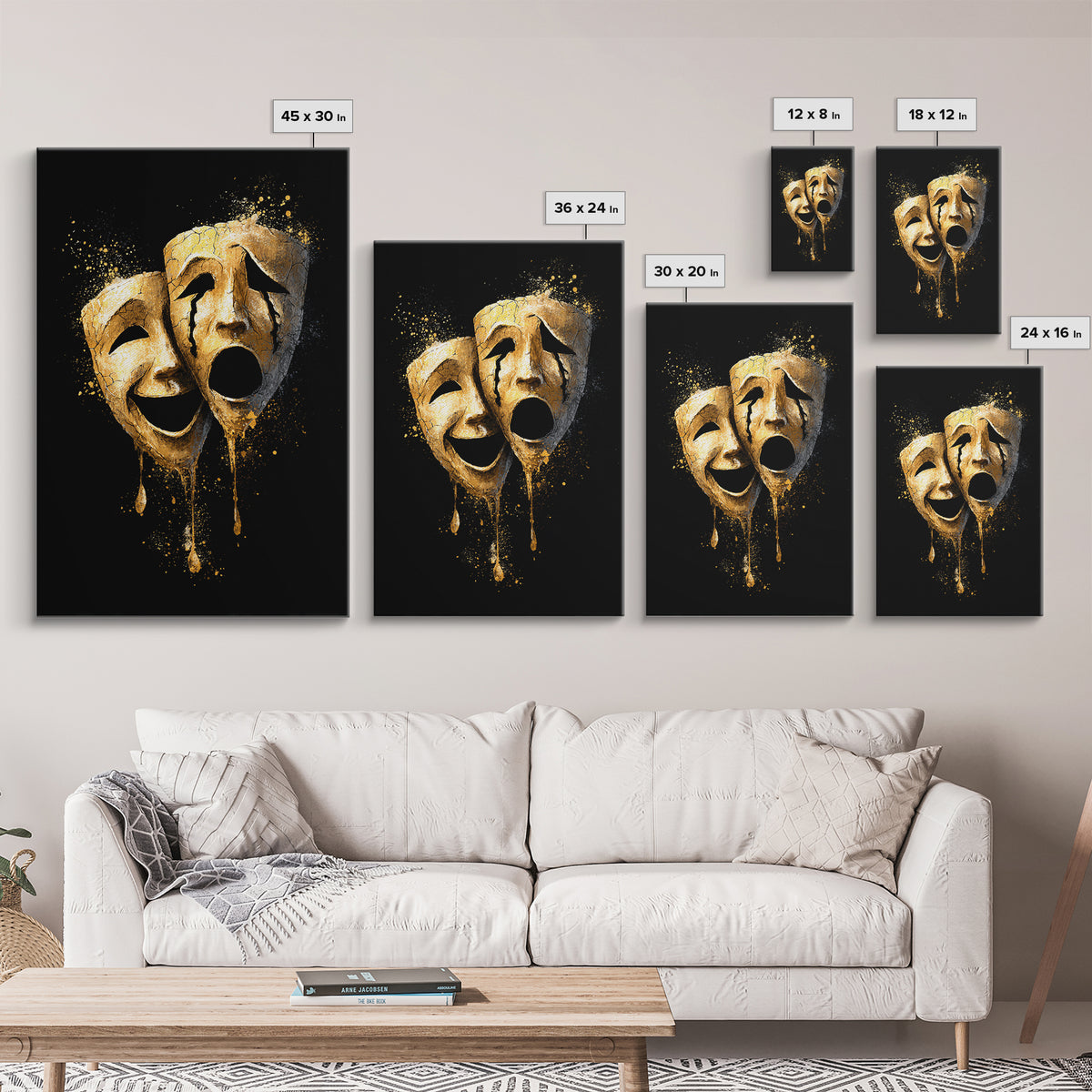 Melting Comedy and Tragedy Masks Canvas Gold Canvas Print – Emotional Theater Wall Art with Real Wood Frame