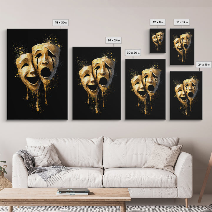 Melting Comedy and Tragedy Masks Canvas Gold Canvas Print – Emotional Theater Wall Art with Real Wood Frame