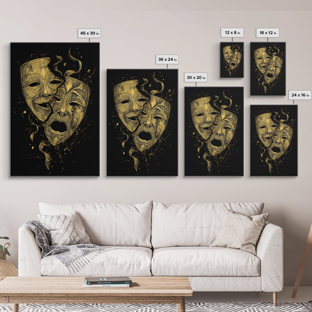 Broken Comedy and Tragedy Masks Canvas Gold Canvas Print – Dramatic Greek Theater Wall Art with Real Wood Frame