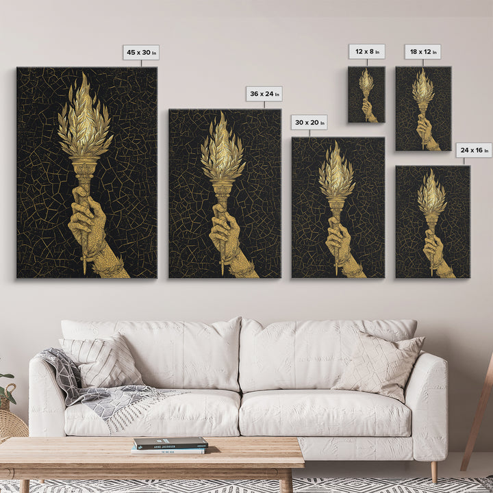 Olympic Flame Hand Holding Torch Canvas Gold Canvas Print – Classical Greek Inspired Wall Art with Real Wood Frame