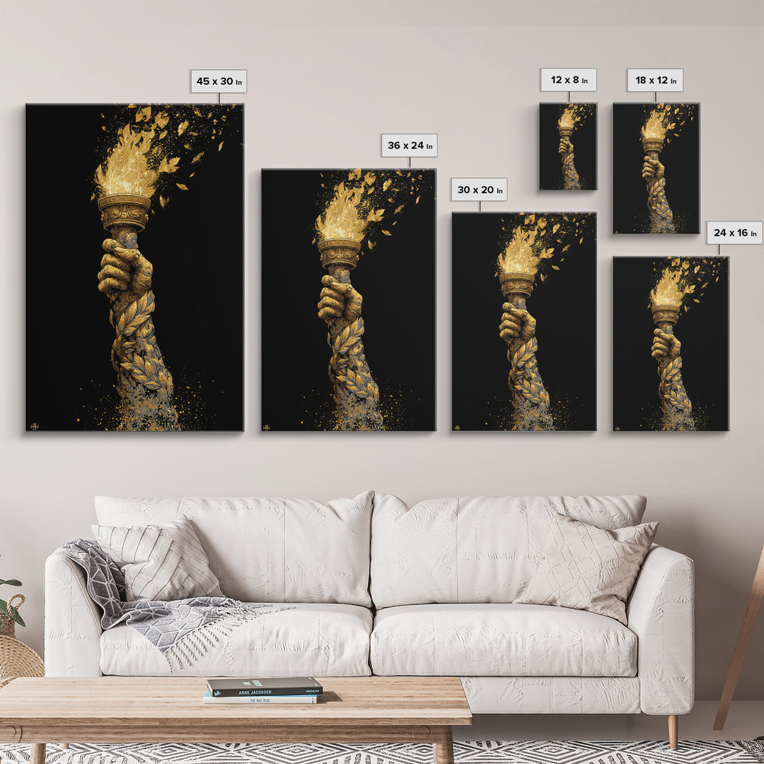 Flaming Laurel Torch Canvas Gold Canvas Print – Ancient Greek Victory Symbol Wall Art with Real Wood Frame