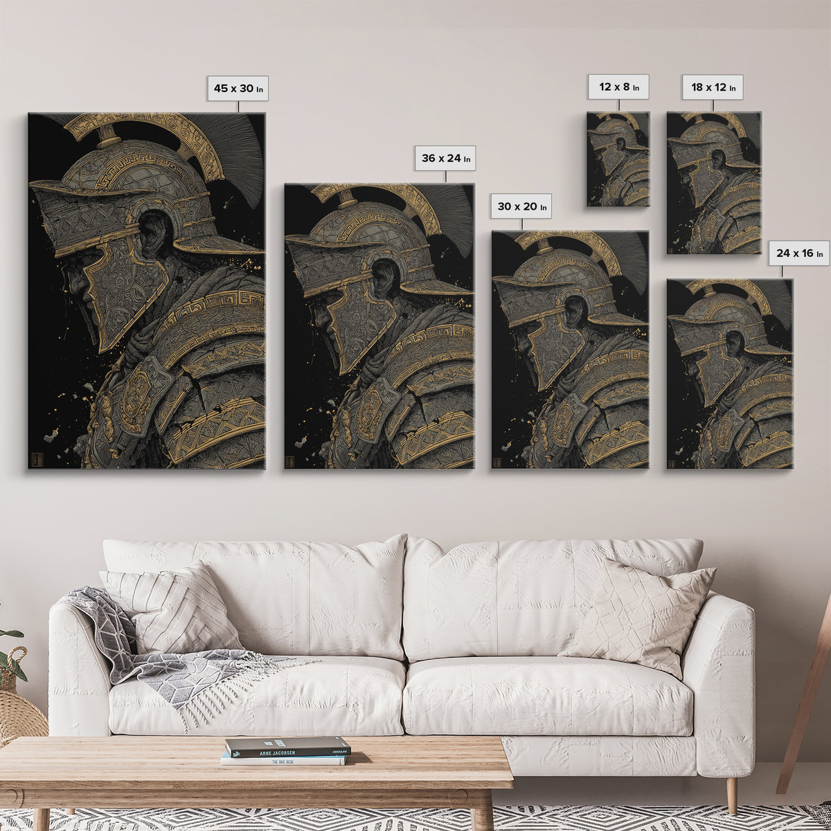 Profile Spartan Warrior Helmet Canvas Gold Canvas Print – Ancient Greek Hoplite Wall Art with Real Wood Frame
