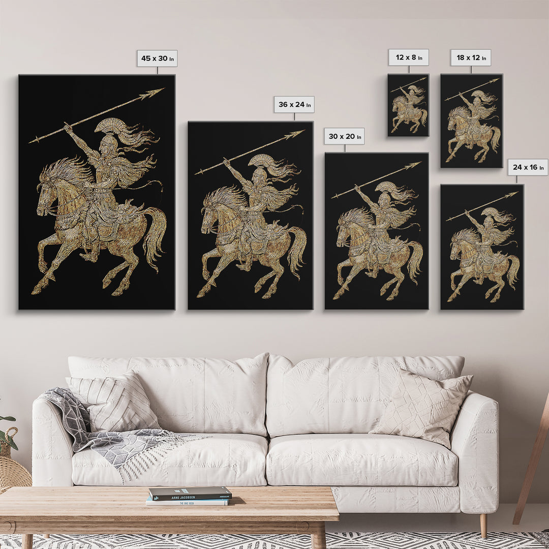 Ancient Warrior on Horseback Canvas Gold Canvas Print – Greek Mythology Spear Rider, Real Wood Frame Classical Wall Art