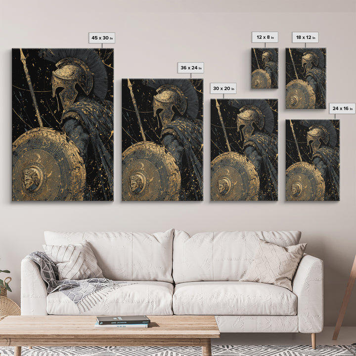 Greek Hoplite Warrior Canvas Gold Art – Spartan Spear and Shield Design, Real Wood Frame Classical Battle Scene Wall Décor
