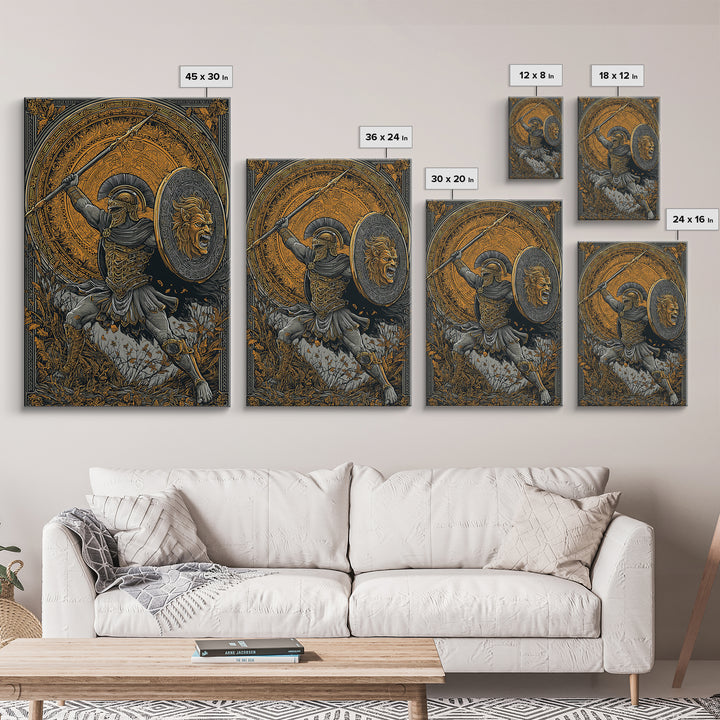Heroic Spartan Warrior Canvas Gold Canvas Print – Lion Shield and Spear Combat Scene, Real Wood Frame Greek Mythology Art