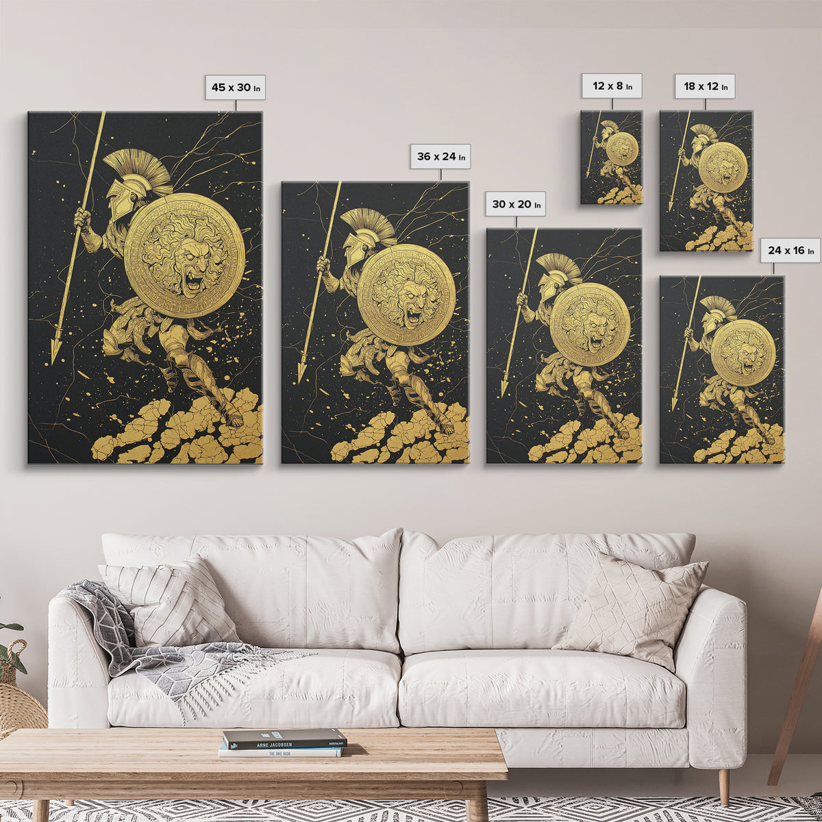 Charging Hoplite Warrior Canvas Gold Art – Greek Spear and Lion Shield Battle Pose, Real Wood Frame Ancient Warrior Wall Art