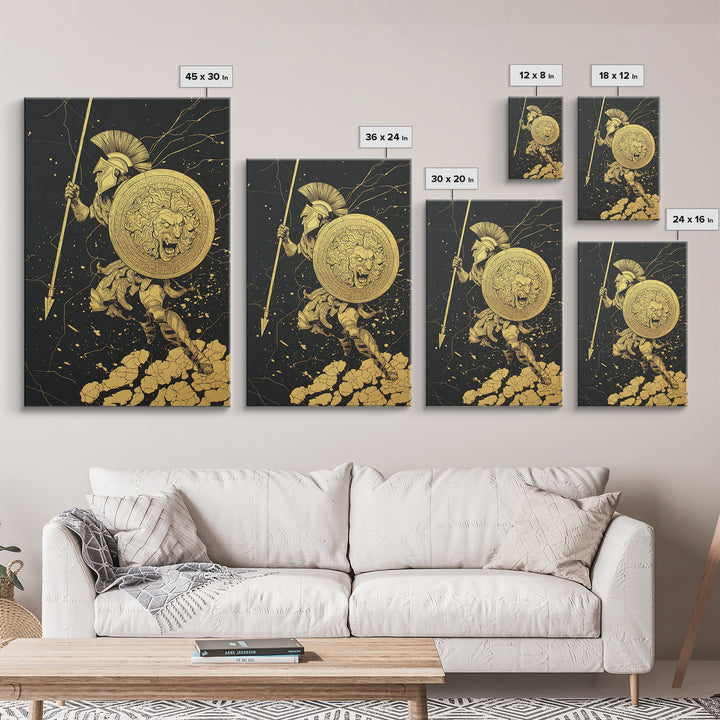 Charging Hoplite Warrior Canvas Gold Art – Greek Spear and Lion Shield Battle Pose, Real Wood Frame Ancient Warrior Wall Art