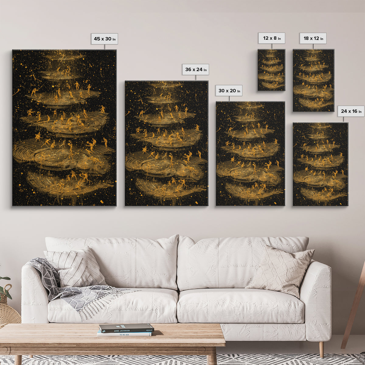 Celestial Battle Layers Canvas Gold Canvas Print – Mythological Figures Across Cosmic Rings, Real Wood Frame Fantasy Art