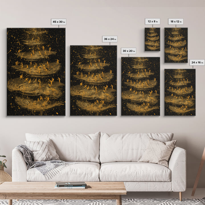 Celestial Battle Layers Canvas Gold Canvas Print – Mythological Figures Across Cosmic Rings, Real Wood Frame Fantasy Art