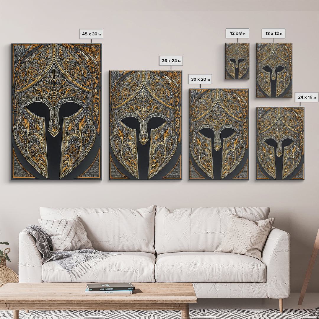 Mythic Greco-Roman Helmet with Ivy and Scrollwork – Canvas Gold Art, Framed Canvas Art with Real Wood, Ancient Battle Decor