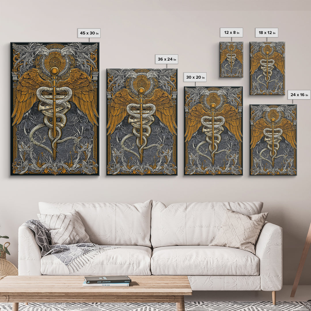 Ornate Medical Symbol Artwork, Caduceus Wall Decor With Wings And Serpents, Canvas Gold Canvas Print, Real Wood Frame