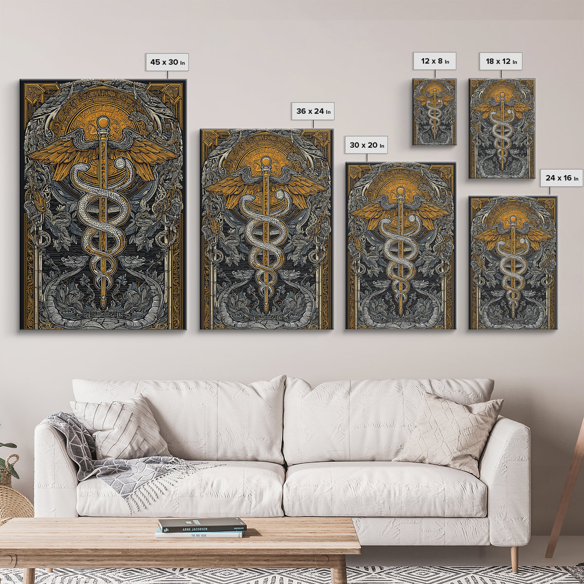 Botanical Caduceus Symbol Artwork, Ornate Serpent And Wings Wall Art, Canvas Gold Canvas Print, Real Wood Frame Decor