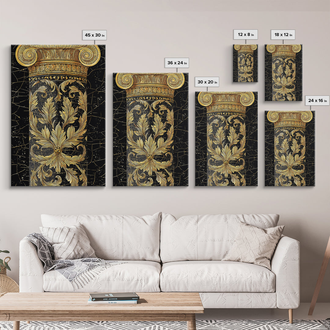 Greek Column Detail Artwork, Ornate Corinthian Pillar Wall Art, Canvas Gold Canvas Print, Real Wood Frame Classic Decor