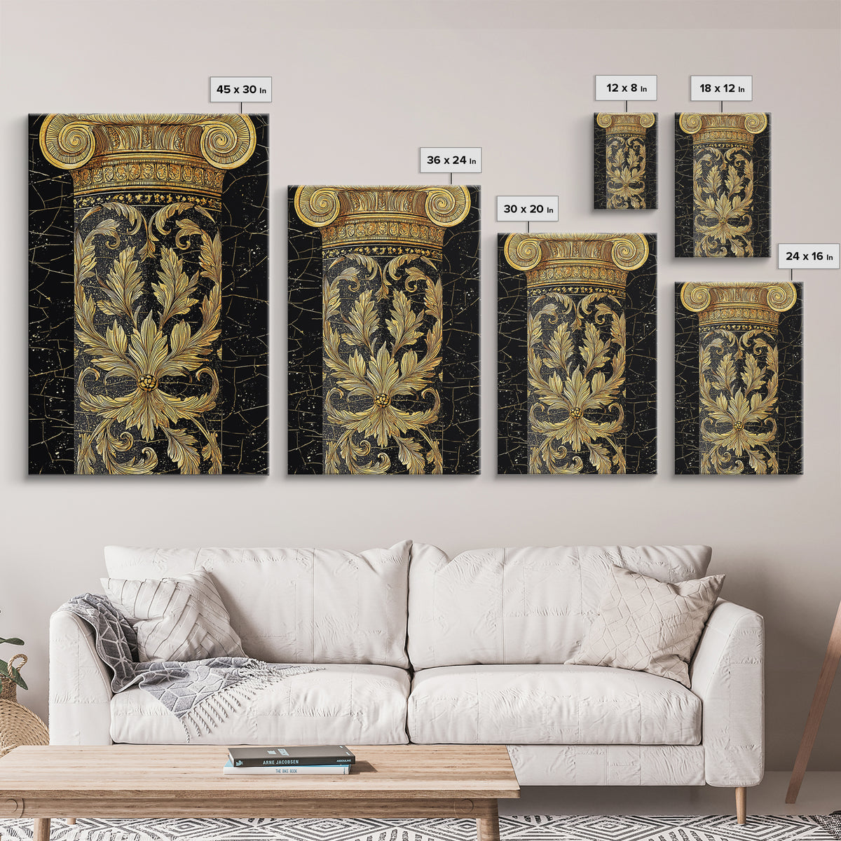 Greek Column Detail Artwork, Ornate Corinthian Pillar Wall Art, Canvas Gold Canvas Print, Real Wood Frame Classic Decor
