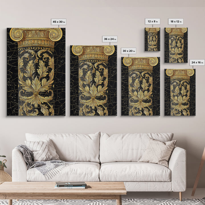 Greek Column Detail Artwork, Ornate Corinthian Pillar Wall Art, Canvas Gold Canvas Print, Real Wood Frame Classic Decor