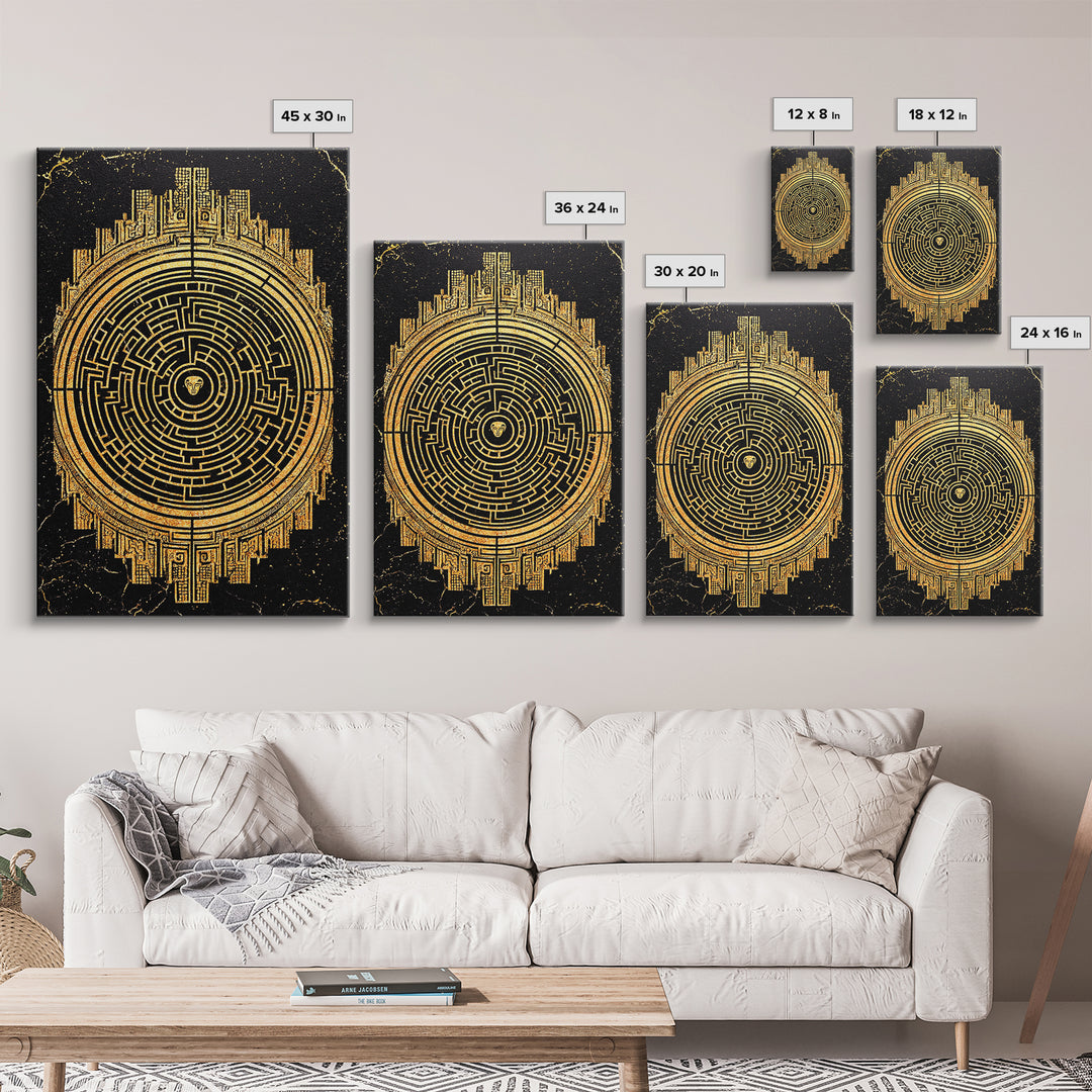 Labyrinth Maze Artwork, Mythical Minotaur Symbol Wall Art, Canvas Gold Canvas Print, Real Wood Frame, Ancient Greek Decor