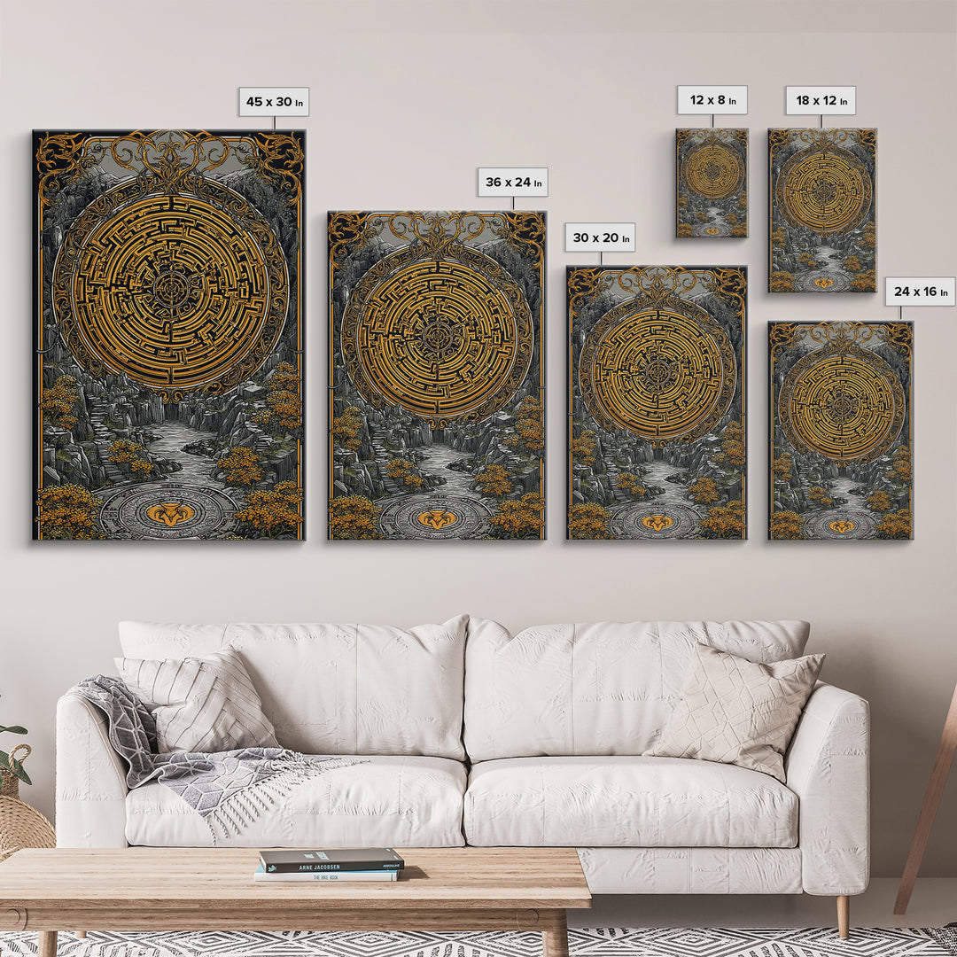 Ancient Maze Artwork, Mystical Labyrinth Symbol Wall Art, Canvas Gold Canvas Print, Real Wood Frame, Mythology Inspired Decor