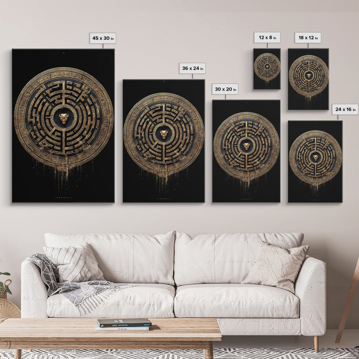 Greek Labyrinth Artwork, Mythical Minotaur Maze Symbol Wall Art, Canvas Gold Canvas Print, Real Wood Frame, Esoteric Decor