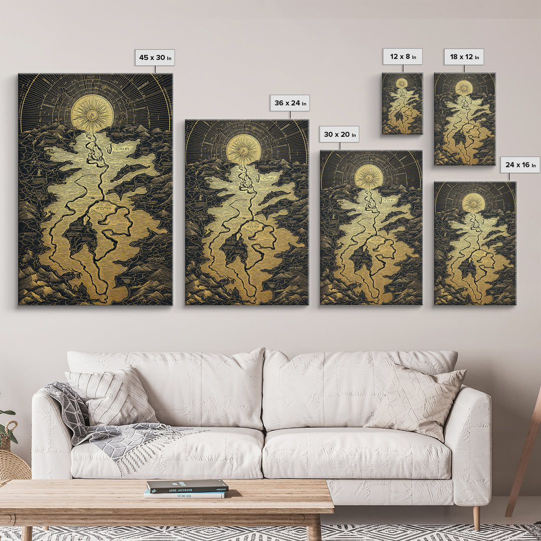 Celestial Map Artwork, Mythical Golden Sun And River Wall Art, Canvas Gold Canvas Print, Real Wood Frame, Ancient Inspired Decor