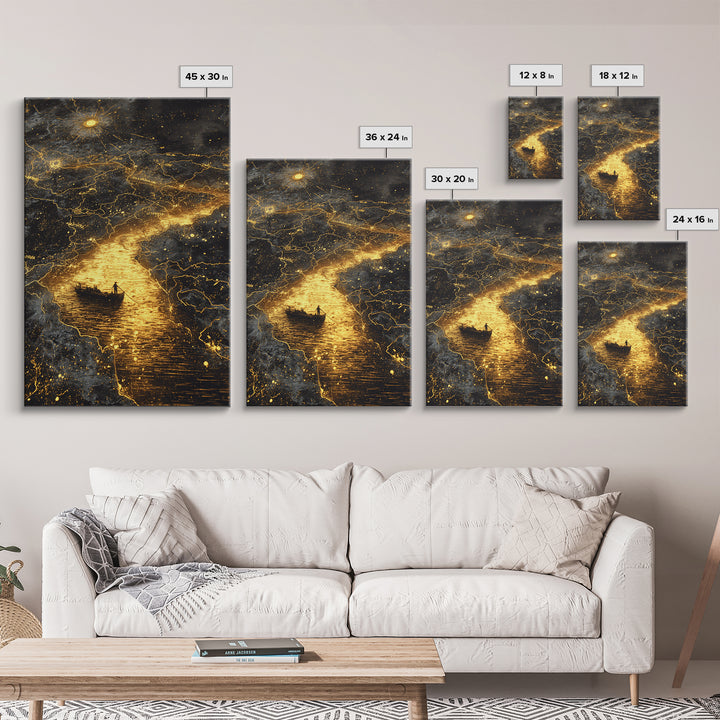Mythical Boat Journey Artwork, Celestial Golden Map Wall Art, Canvas Gold Canvas Print, Real Wood Frame, Mystical Decor