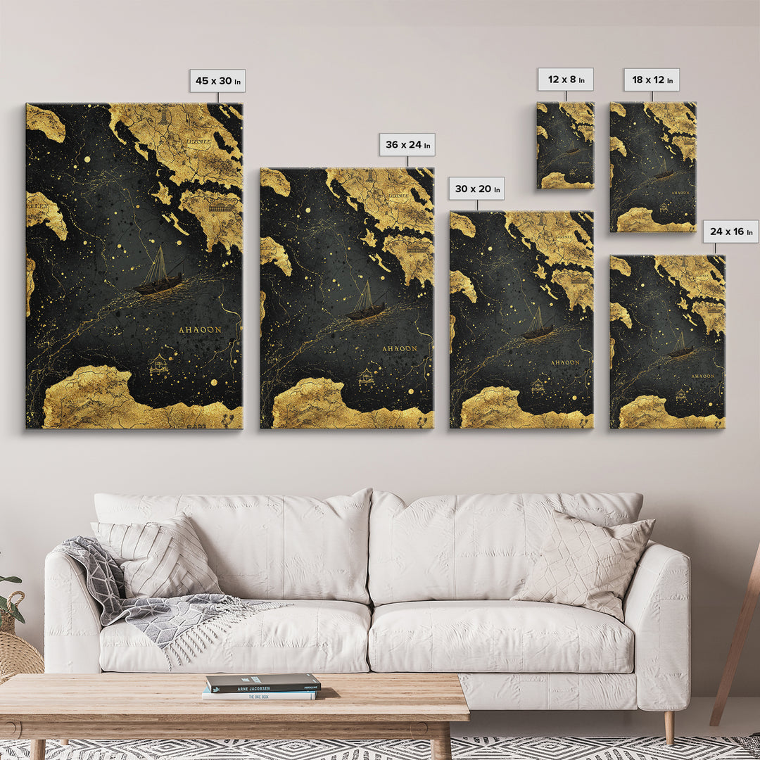 Golden Voyage Map Artwork, Ancient Nautical Journey Wall Art, Canvas Gold Canvas Print, Real Wood Frame, Mythical Decor