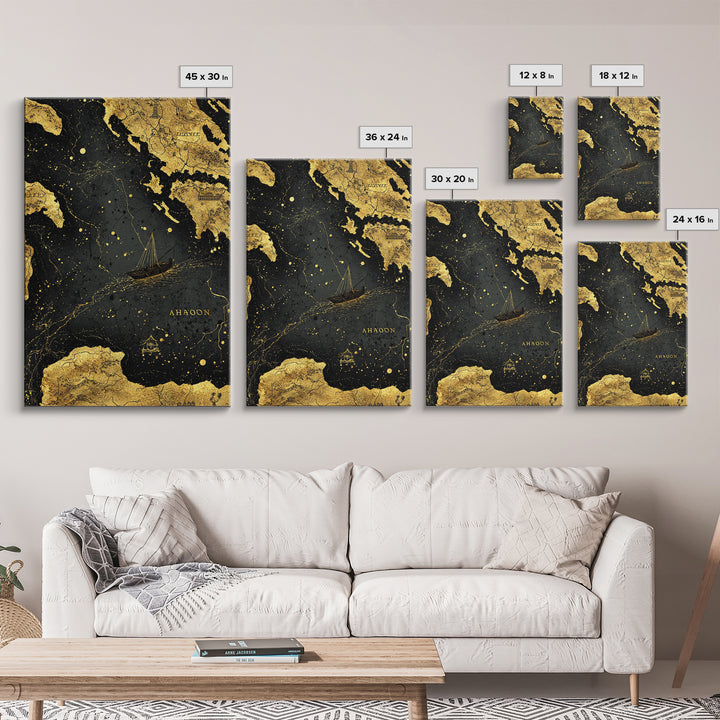Golden Voyage Map Artwork, Ancient Nautical Journey Wall Art, Canvas Gold Canvas Print, Real Wood Frame, Mythical Decor