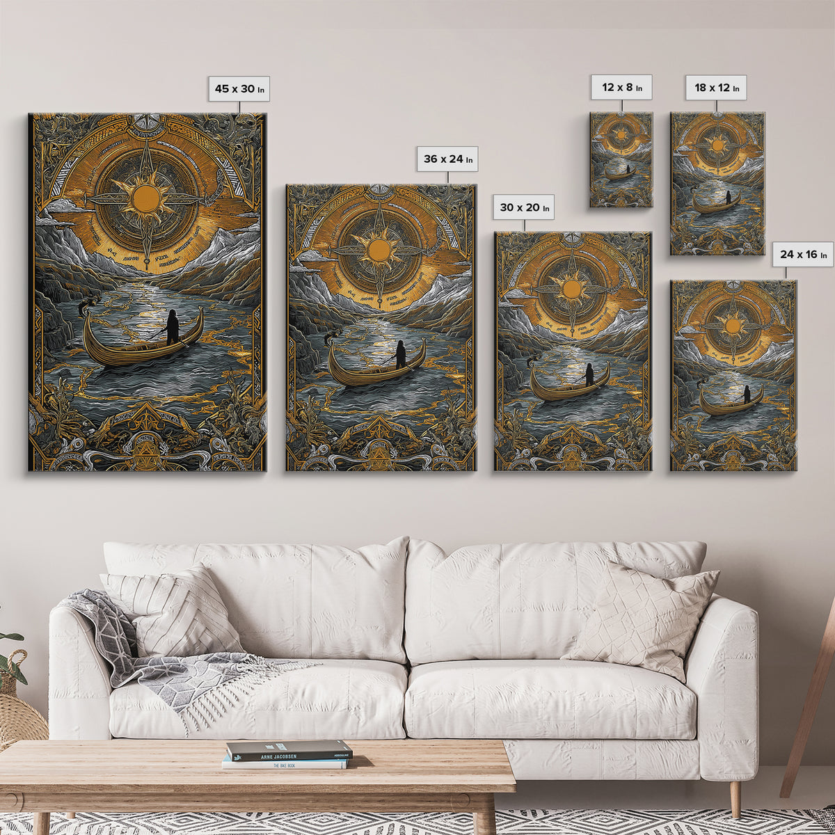Mystical Compass Artwork, Celestial Sun And Boat Journey Wall Art, Canvas Gold Canvas Print, Real Wood Frame, Mythology Decor
