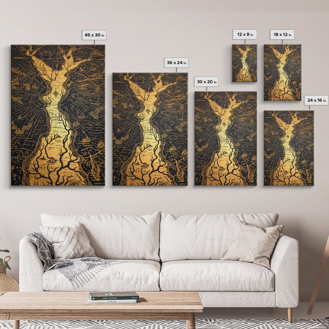 Ancient River Map Artwork, Mythical Golden Waterways Wall Art, Canvas Gold Canvas Print, Real Wood Frame, Esoteric Decor