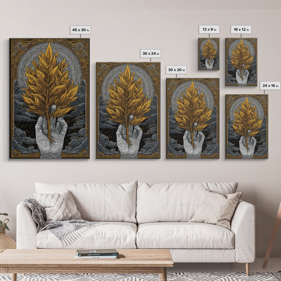 Hand With Golden Leaves Artwork, Mythical Nature Symbol Wall Art, Canvas Gold Canvas Print, Real Wood Frame, Sacred Decor