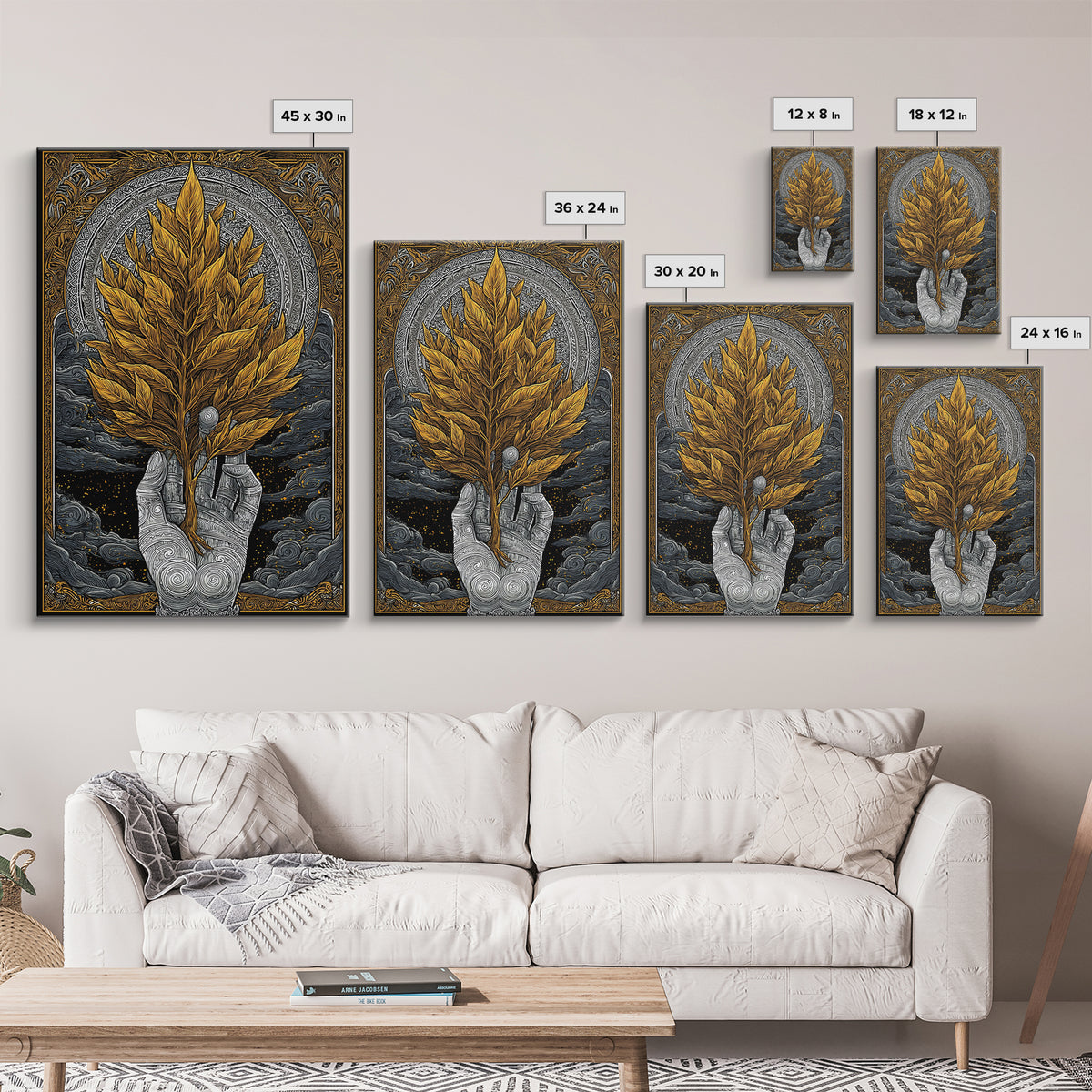 Hand With Golden Leaves Artwork, Mythical Nature Symbol Wall Art, Canvas Gold Canvas Print, Real Wood Frame, Sacred Decor