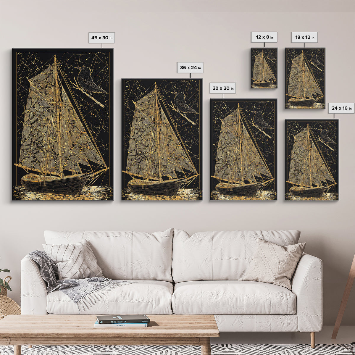 Golden Sailboat Artwork, Mythical Nautical Journey Wall Art, Canvas Gold Canvas Print, Real Wood Frame, Celestial Decor