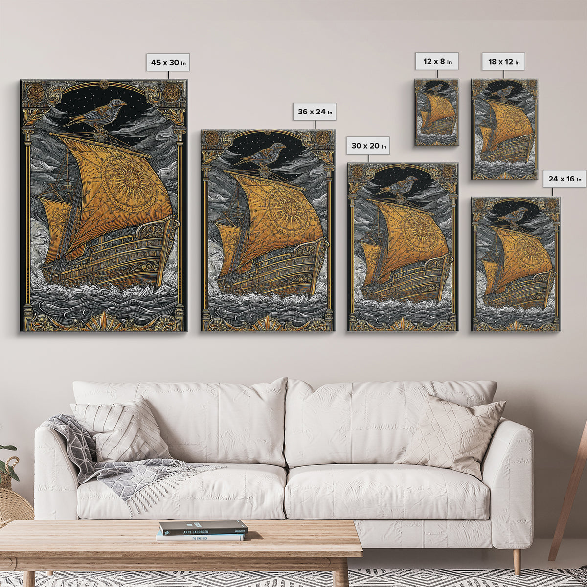 Ancient Ship Artwork, Nautical Journey With Bird Symbol Wall Art, Mythical Celestial Voyage, Canvas Gold Canvas Print, Real Wood Frame