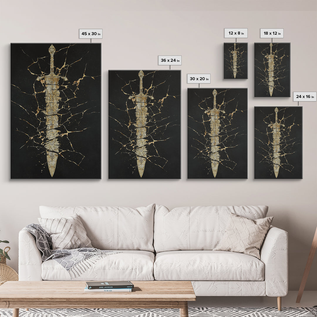 Broken Sword Artwork, Cracked Ancient Blade Symbol Wall Art, Mythical Weapon Decor, Esoteric Design, Canvas Gold Canvas Print, Real Wood Frame