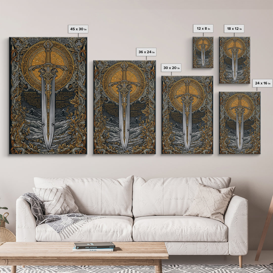 Mythical Sword Artwork, Celestial Blade And Sun Symbol Wall Art, Ornate Weapon Design, Ancient Inspired Decor, Canvas Gold Canvas Print, Real Wood Frame