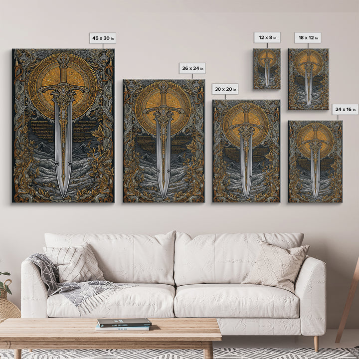 Mythical Sword Artwork, Celestial Blade And Sun Symbol Wall Art, Ornate Weapon Design, Ancient Inspired Decor, Canvas Gold Canvas Print, Real Wood Frame