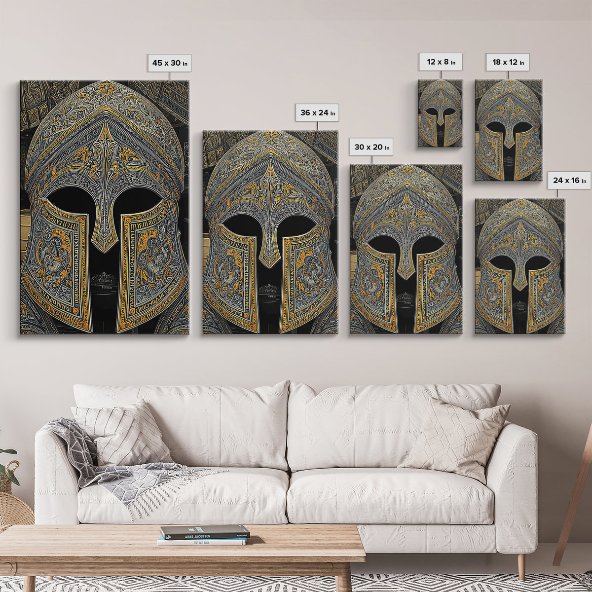 Floral Engraved Ancient Warrior Helmet Design – Canvas Gold Art, Classic Canvas Art in Real Wood Frame, Greek History Wall Decor