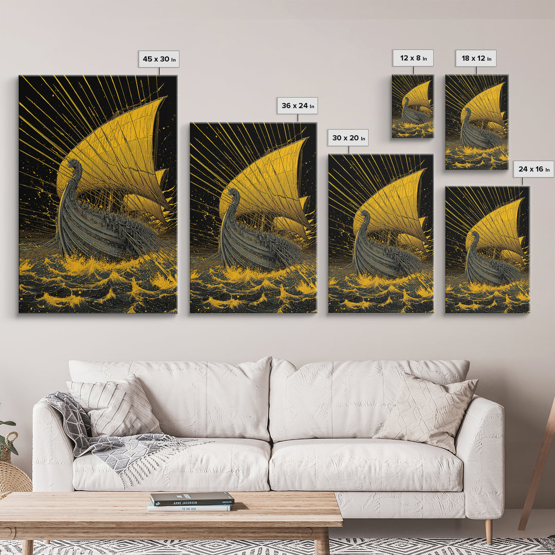 Canvas Gold Canvas Print, Ancient Greek Ship Wall Art, Mythology Ocean Decor, Real Wood Frame, Historic Maritime Artwork
