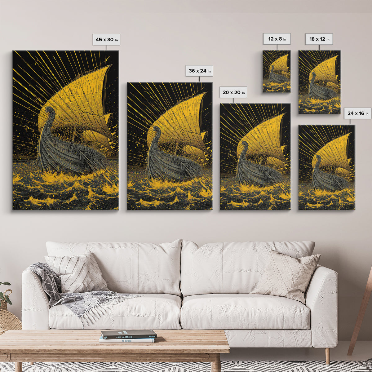 Canvas Gold Canvas Print, Ancient Greek Ship Wall Art, Mythology Ocean Decor, Real Wood Frame, Historic Maritime Artwork