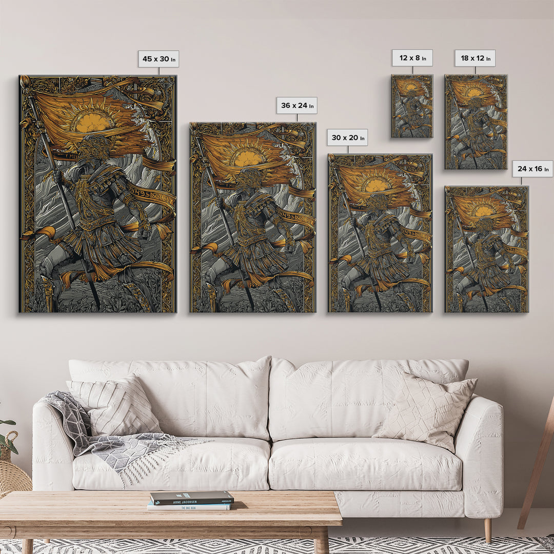 Canvas Gold Art, Greek Warrior Holding Banner, Mythology Wall Decor, Real Wood Frame, Ancient Hero Decorative Artwork